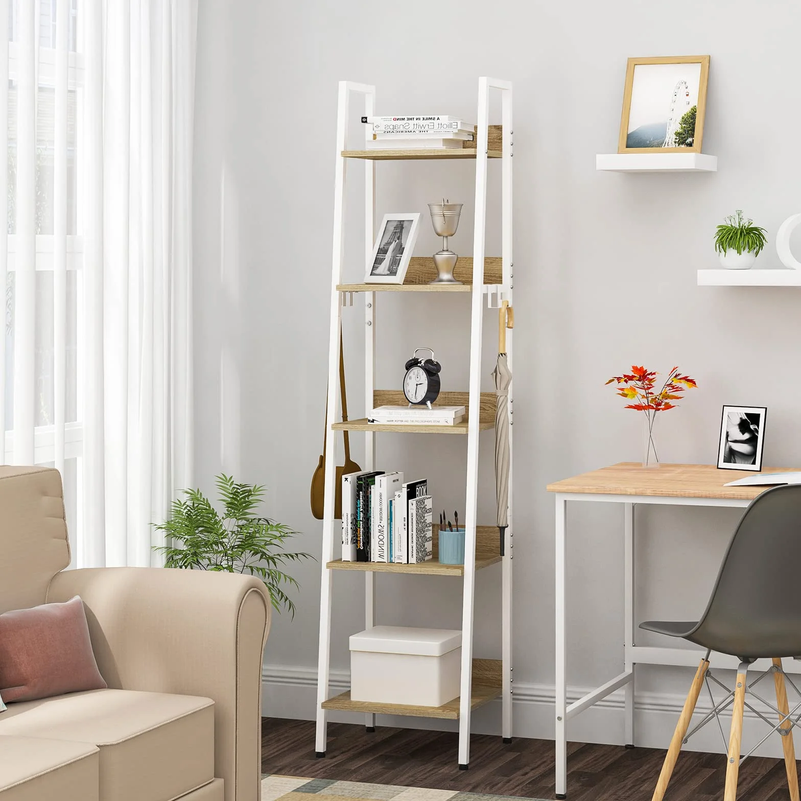 WOLTU Libreria a 5 Ripiani, Scaffale con 4 Ganci Industriale, Scaffale a Scala in MDF e Metallo per Soggiorno, Cucina, Studio, Ufficio,Bianco, 40x36x170cm RGB9289whe