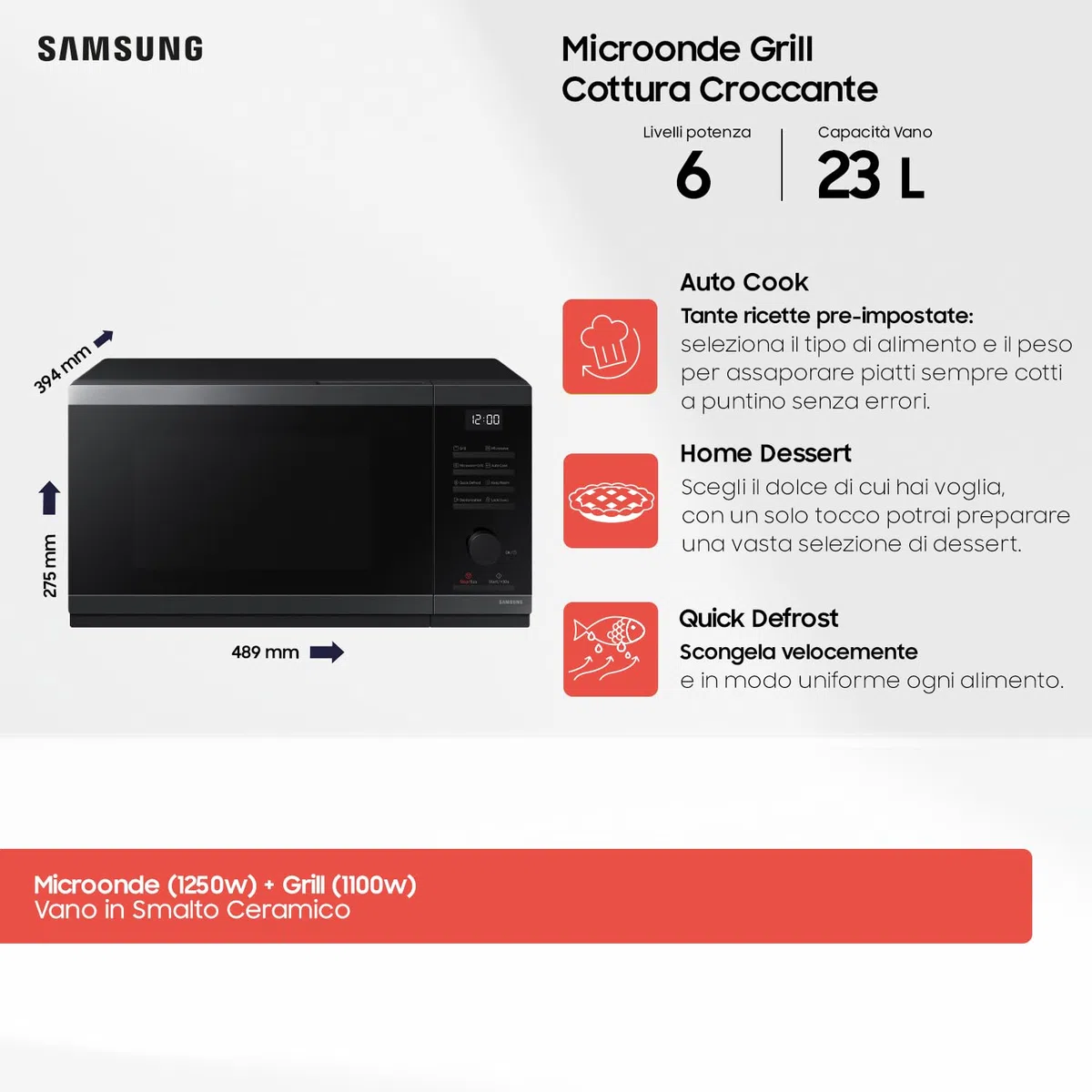 Samsung Forno a Microonde Cottura Croccante, MG23DG4524AGE1, Grill, Quick Defrost, Ricetta autommatiche, 23 L, LxAxP: 48,9 x 33,8 x 27,5