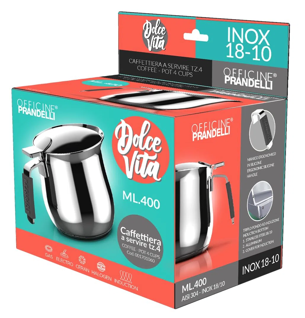 Lattiera Tazze 4, Linea Dolcevita, 400 ml, Acciaio Inox 18/10, Manico Antiscotto, ad Induzione* (Base Ø70 mm, Verificare il diametro minimo del proprio fornello) - Officine Prandelli