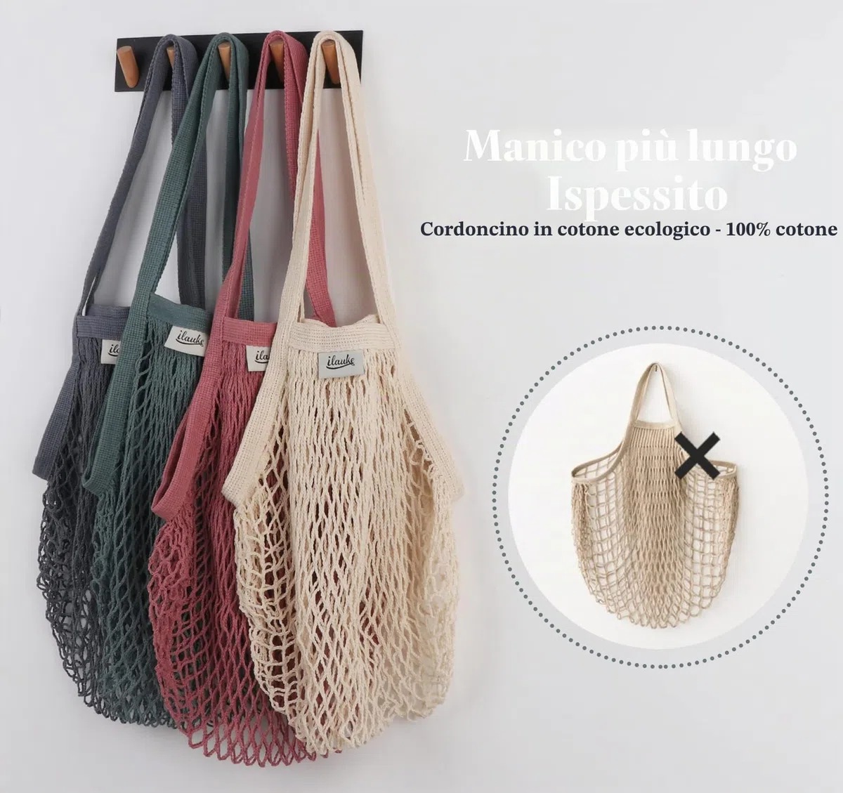 ilauke - Sacchetti in rete riutilizzabili per la spesa, in cotone, con manico lungo, per frutta e verdura (4 colori)
