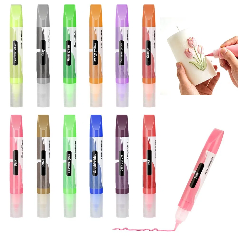 12 Pezzi Penne per Candele, 10ML Penne per Candele Colorate, Set di Penne Candela, Sicuro e Non tossico, Adatto per Dipingere e Decorare Ceramica, Cartone, Tessuto e Vetro