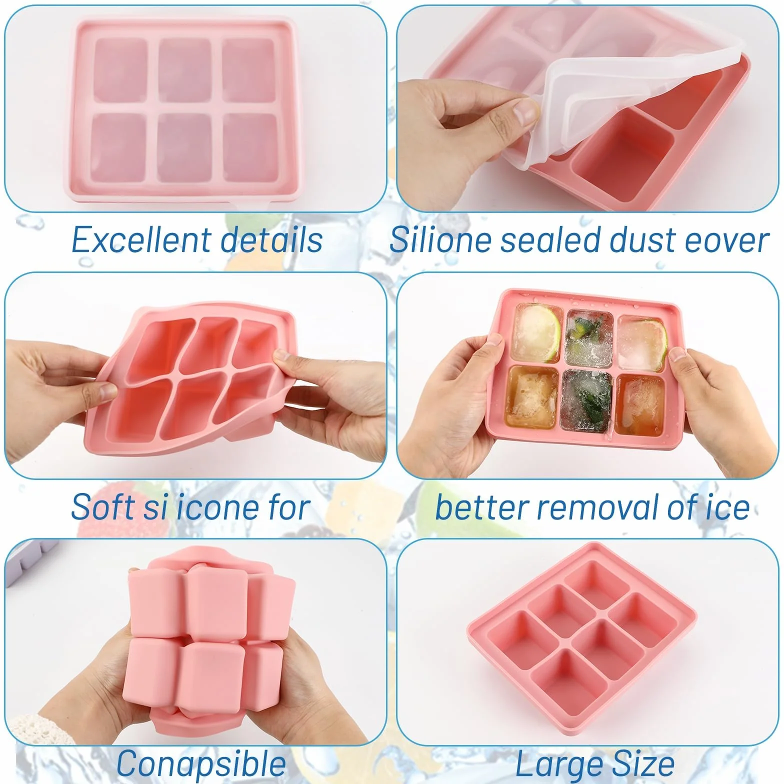 Auauraintt 3Pcs Ghiaccio Stampo Cubetti Silicone,vaschette per cubetti di ghiaccio in silicone con coperchio,impilabili e lavabili in lavastoviglie,per cocktail,birra,vino e snack per bambini inclusi