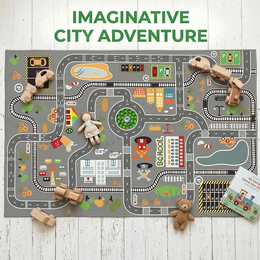 Tappeto con Tracciato Stradale Cartoon, Tappeto Mappa Città, Carpet in Fibra di Poliestere,Carpet Decorativo Antiscivolo e Lavabile per Ambienti Domestici-80x120cm