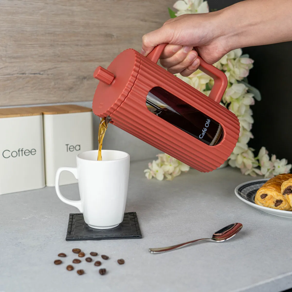 Café Olé Ciao 8 Cup Cafetière, garza in acciaio inox, French Press, rosso