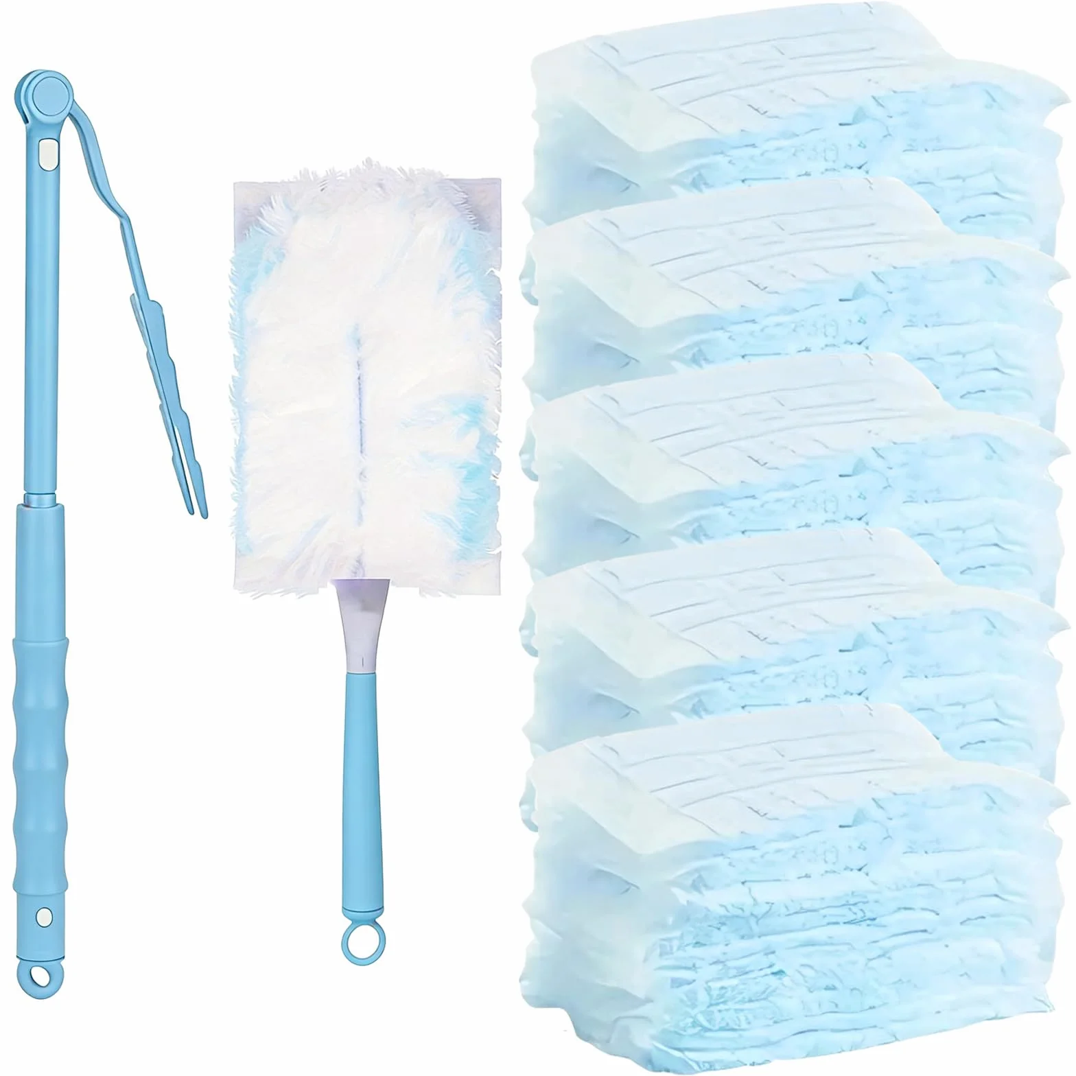52 Pezzi Ricariche Duster, Compatibile con Swiffer & Altri Piumini, Panni in Microfibra, 50 Panni, 2 Manici, per Pulire Polvere, Peli di Animali e Sporco (Blu)