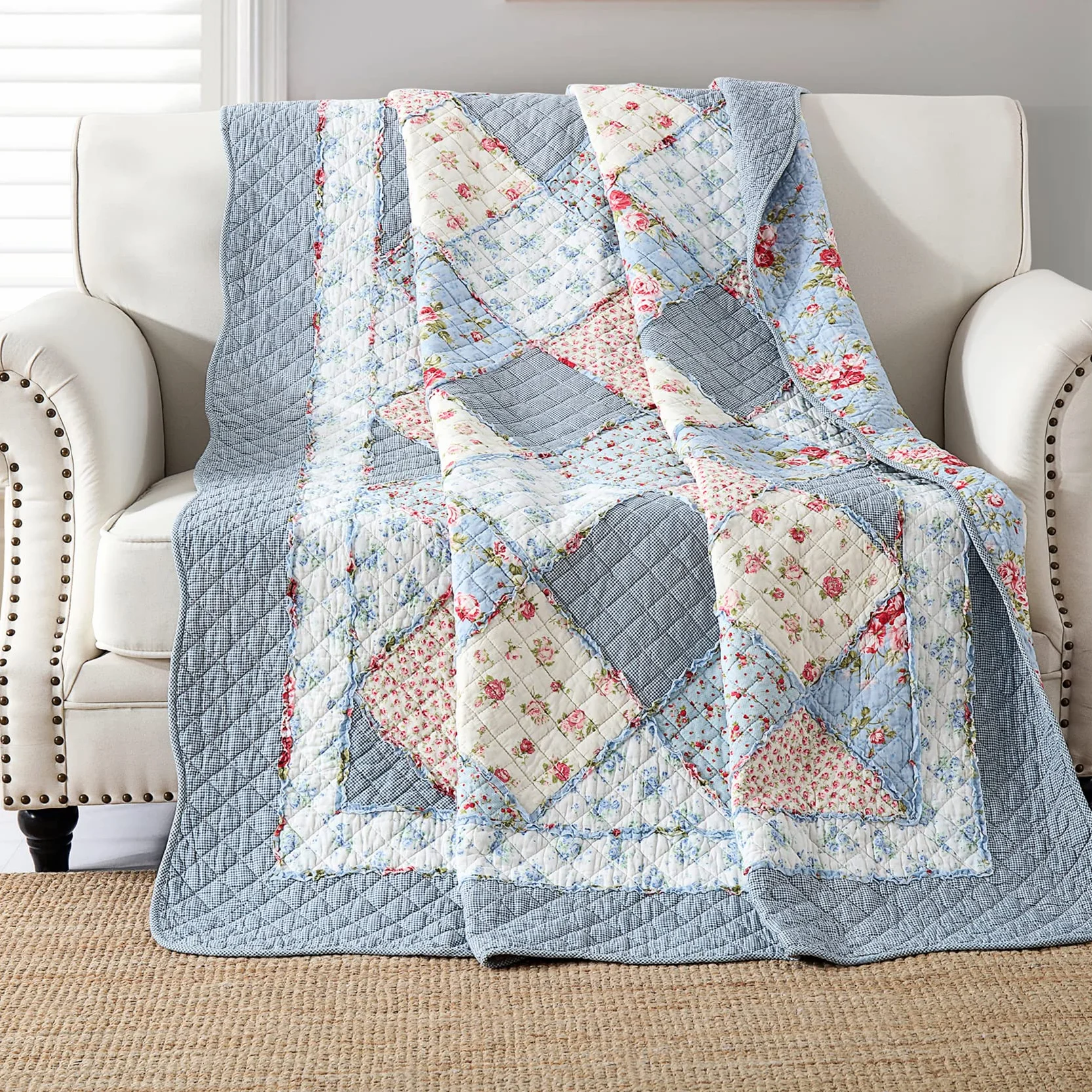 Qucover Patchwork Copriletto, Trapuntato Singolo 150x200 cm,Trapuntino per Primaverile Estivo Coperta in Cotone Shabby chic Stile Country Blu Floreale