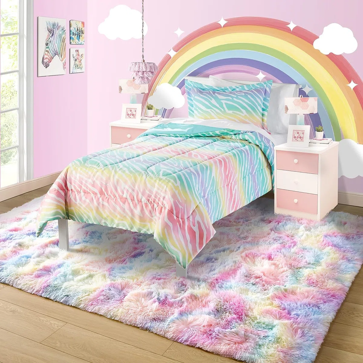 Tappeto di lusso morbido per camera da letto, soggiorno e cameretta dei bambini, motivo: Batik rosa arcobaleno, 3 strati, 60 x 120 cm