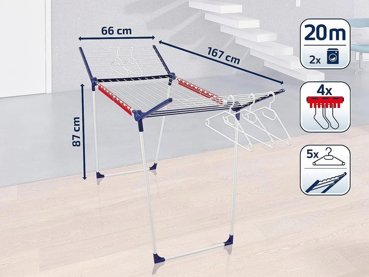 Leifheit Pegasus 200 Solid Stendibiancheria con accessori, Stendino allungabile 20m spazio totale, stendibiancheria estensibile con grucce e supporti [Amazon Exclusive]