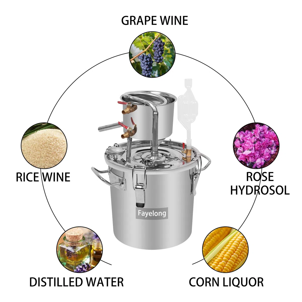 Fayelong Nuovo DIY CASA Alambicco Distillatore Vapore Distillazione Temperatura Acciaio Inox Serpentina Acqua Alcol Vino Oli Essenziali Completo Kit di Birra (10 L Litri)