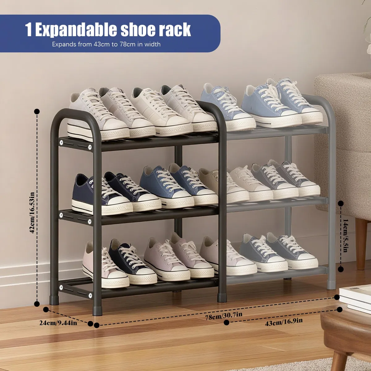 Rastrelliera Scarpe, Scarpiera Espandibile, Scaffale Porta Scarpe in Metallo a 3 Ripiani, Organizzatore per Scarpe Regolabile Nero, Organizer Scarpe Ideale per Corridoio, Armadio, Ingresso