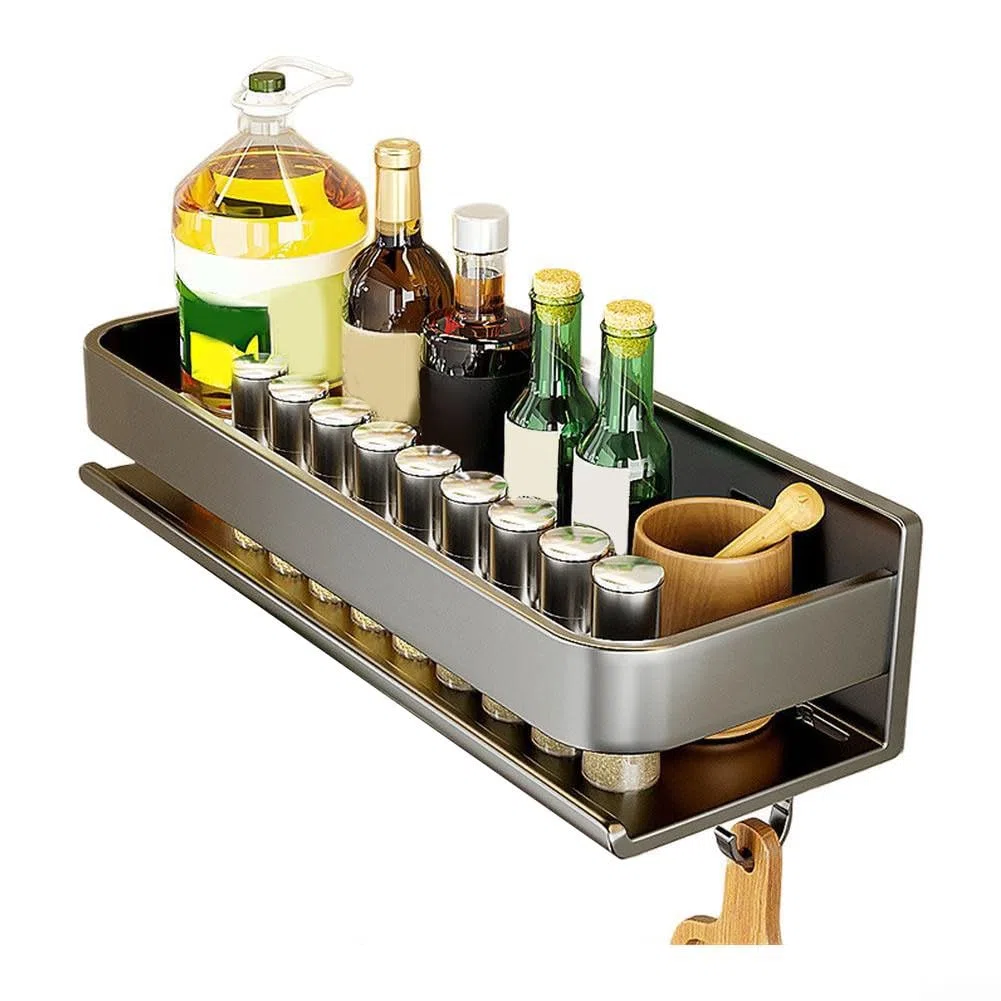 Scaffale da cucina in acciaio al carbonio da parete, senza trapano, mensola salvaspazio con ganci per spezie, utensili e barattoli, design moderno grigio per organizzare condimenti A