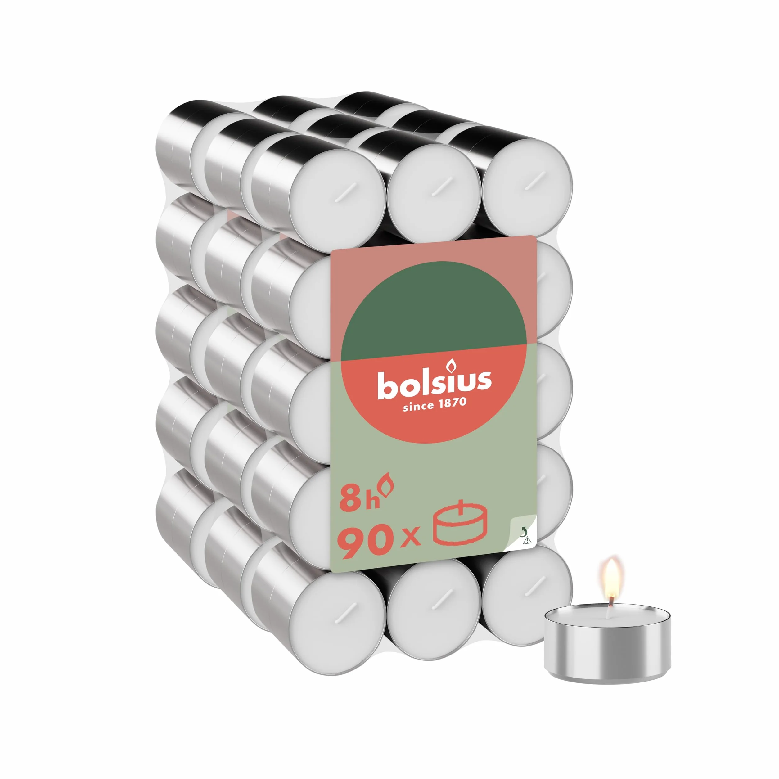 Bolsius - Confezione grande di lumini - 90 pezzi - 8 ore di combustione - Bianco - Lunghezza durata - Candele decorative domestiche - Senza olio di palma - Brucia pulita