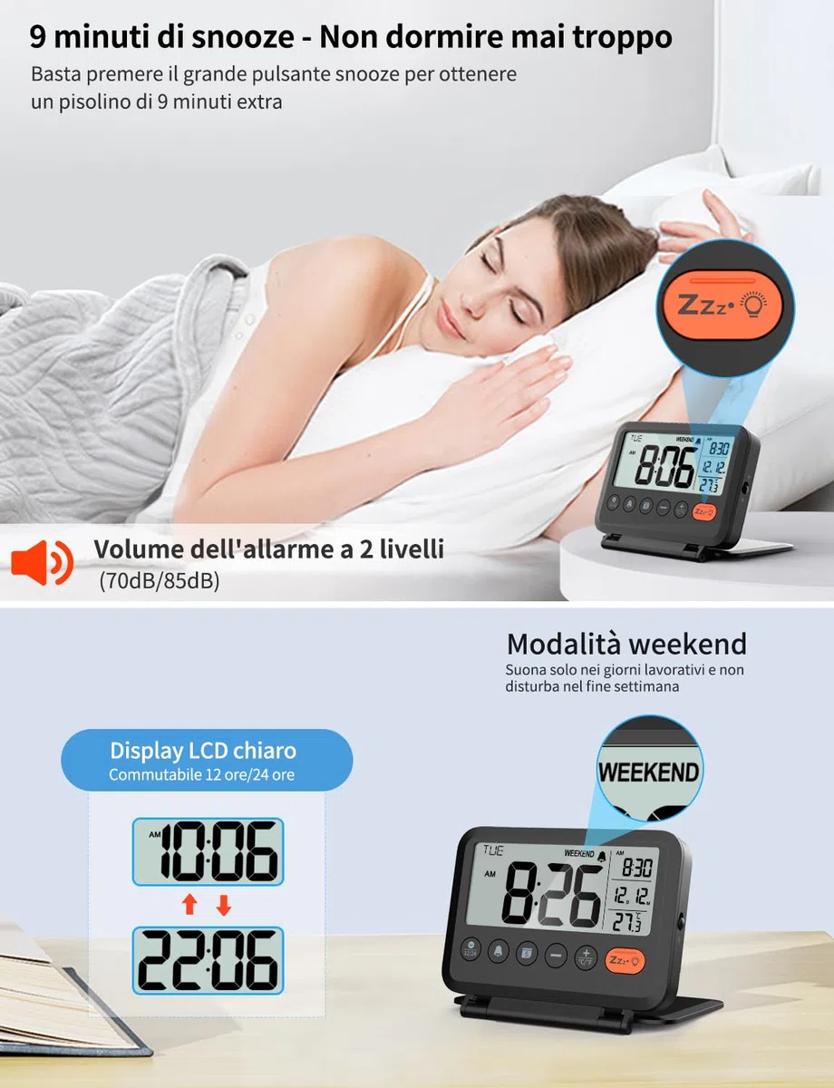 Sveglia digitale da viaggio: Piccola sveglia LCD con temperatura, 12/24 ore, modalità weekend e 2 volumi, ideale per la camera da letto e l'ufficio (batteria inclusa)
