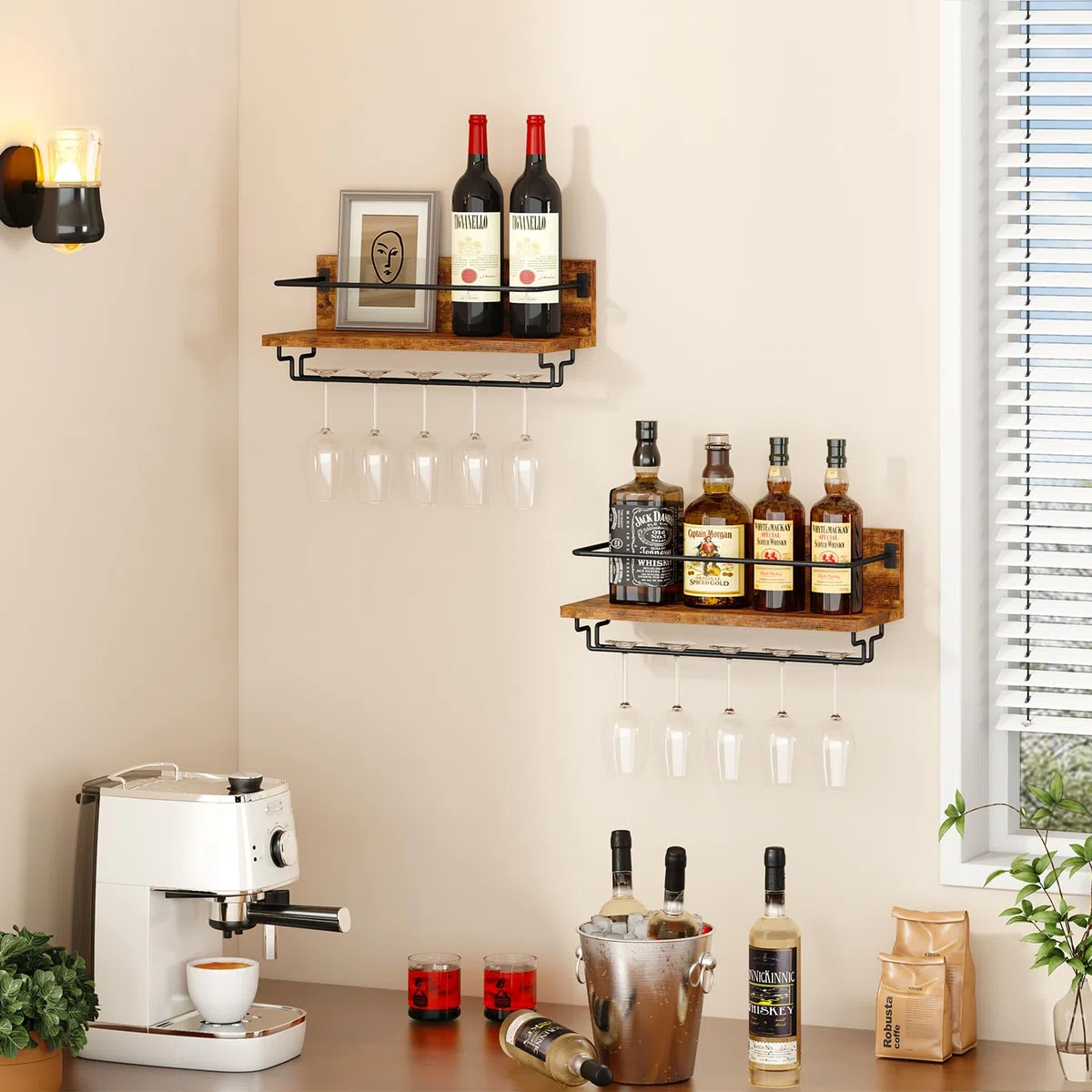 IBUYKE Portabottiglie da Parete,Porta Vino in Legno,Set da 2,Porta Calici da Parete,Multifunzione Mensola Parete per Cucina, Sala da Pranzo, Bar, Marrone Rustico TMJ910H