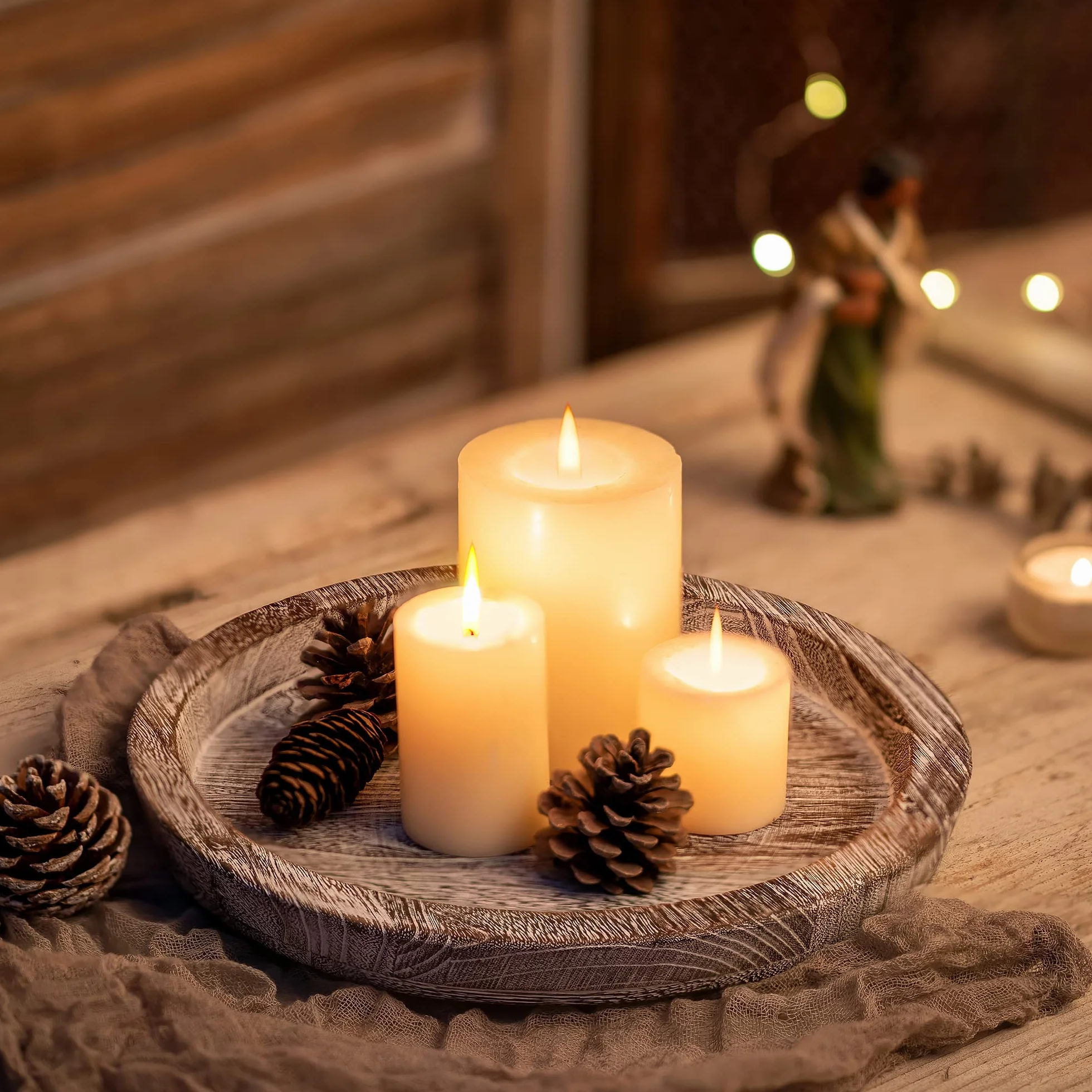 Hanobe Portacandele in legno: piatto decorativo rotondo per candele da fattoria, centrotavola in legno rustico, per Natale, matrimonio, Halloween, decorazione per la casa