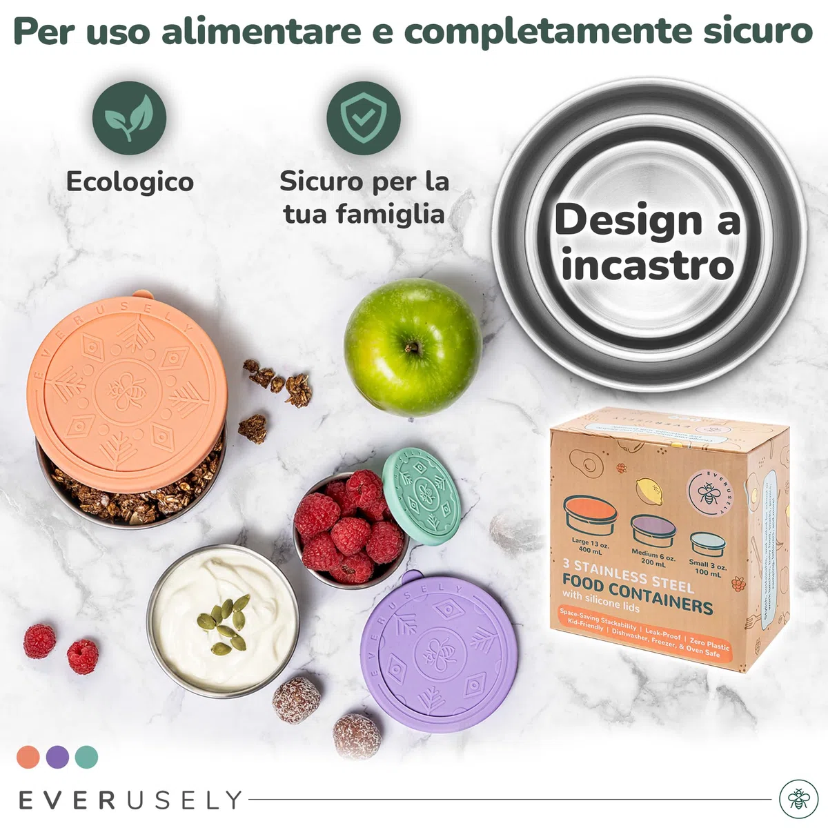 Everusely - Contenitori per Alimenti in Acciaio Inossidabile - Set da 3, Bright - Portapranzo in Metallo Contenitori per Snack per Ufficio, Conservazione a Casa - Coperchi Antifuga
