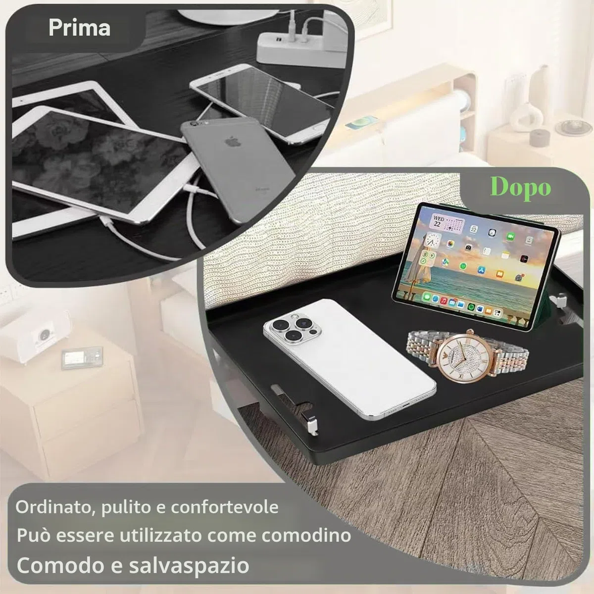 Mensola Comodino da Appendere, Tavolino da Letto per Letto a Castello, Dormitorio, Loft, Bagno, Mensola Comodino e Vassoio da Letto, Bianco