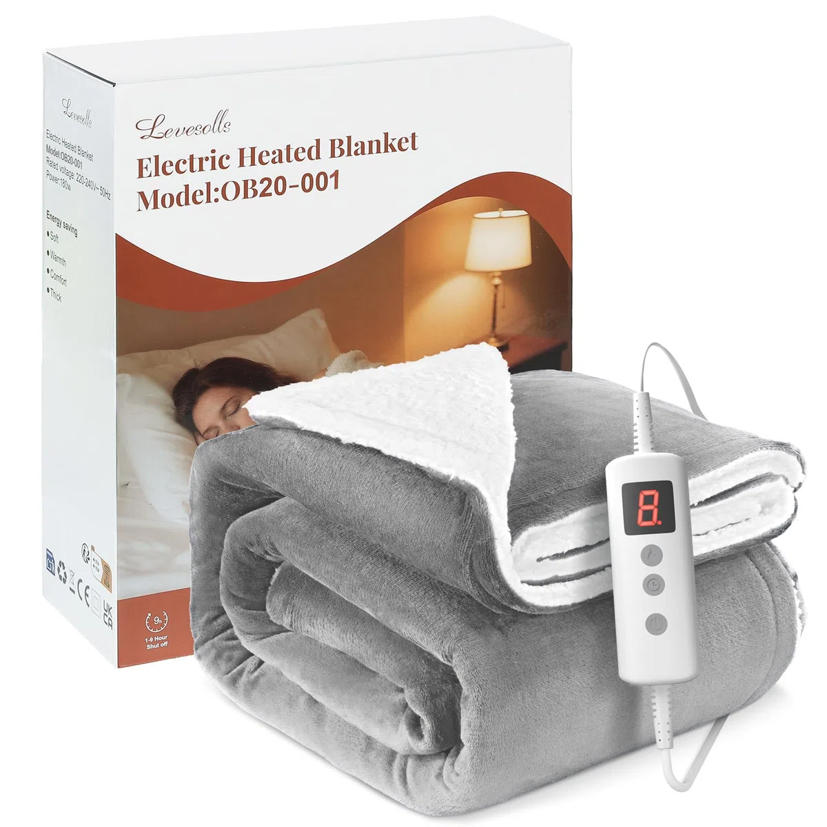 Coperta Termica Elettrica 180x130cm,Schermo LED-10 Livelli Temperatura,9 Impostazioni di Timer,Microfibra+Pile di Agnello,Lavabile,Riscaldamento Rapido,Spegnimento,Automatico-Grigio Chiaro