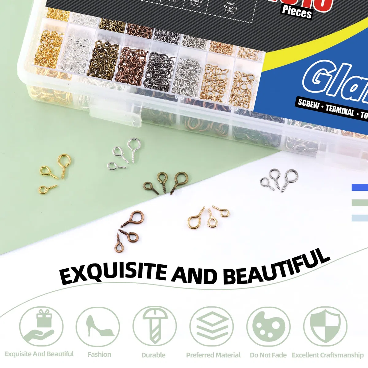 Glarks 1610Pcs 7 colori Vite Eye Pins Ganci Filettati Eye Pin Peg Mini Metallo Anello Chiodi Ganci Vite per Gioielli, Orecchini, Collane, Bracciali FAI DA TE 3 Dimensioni da 4x8 mm, 5x10 mm, 6x13 mm