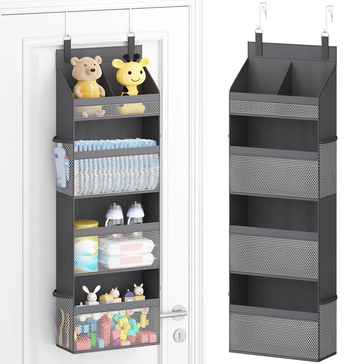 Lifewit Porta Oggetti da Appendere con 4 Ripiani e 4 Tasche Laterali, Organizer Bagno da Appendere per Camera da letto, Bagno, Giocattoli, Vestiti, Grigio