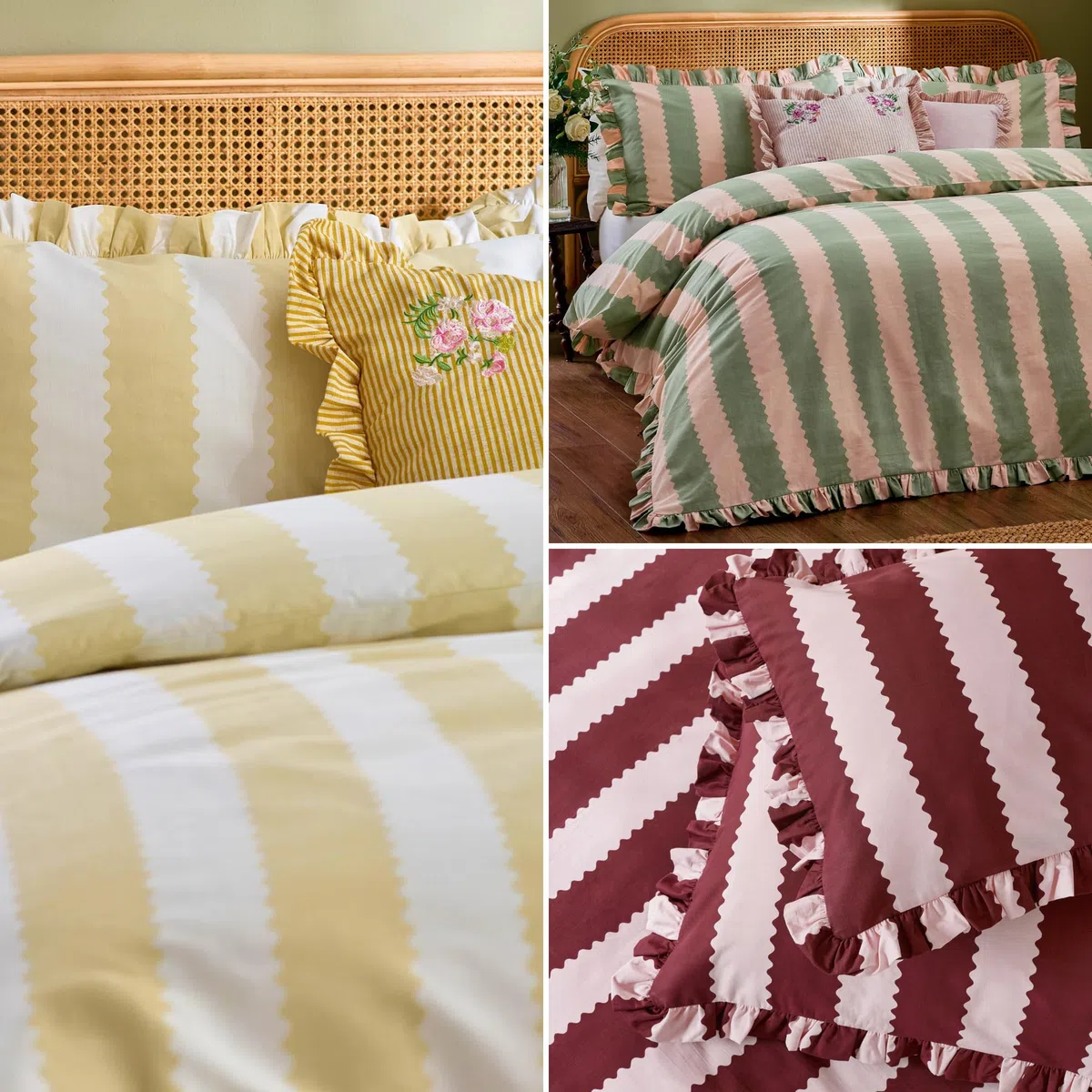 furn. Wylder Birdie Stripe Set Copripiumino – Reversible Con Volant Cotone Ricco A Righe Biancheria Da Letto (Giallo Burro - 230x220cm)