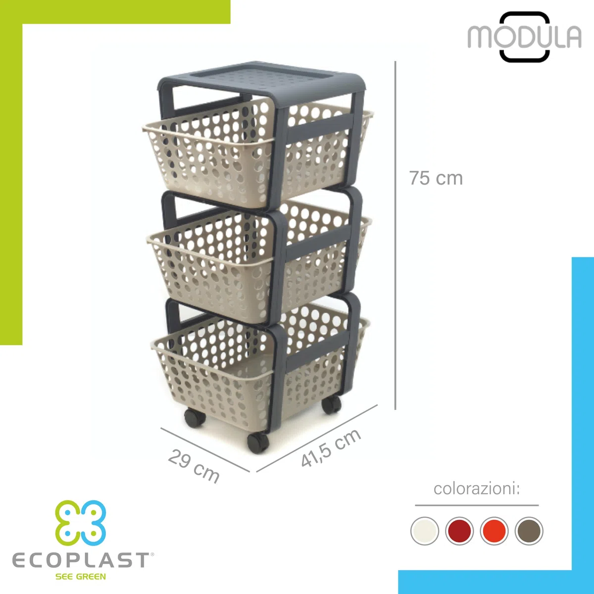 Ecoplast | Carrello con Ruote Portatutto Modula, Carrello Portaoggetti a Tre Piani, Portata Massima 9 kg, Tortora, 41,5x29x75, Made in Italy