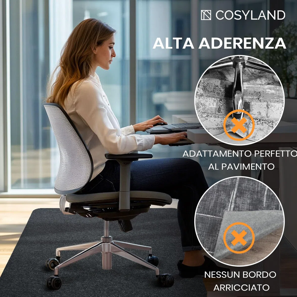COSYLAND Tappeto sedia ufficio 90x120 cm - Tappeto sedia gaming antiscivolo, Tappeto per sedia con ruote, protezione pavimento per parquet, ideale per pavimenti duri (Grigio Classico)