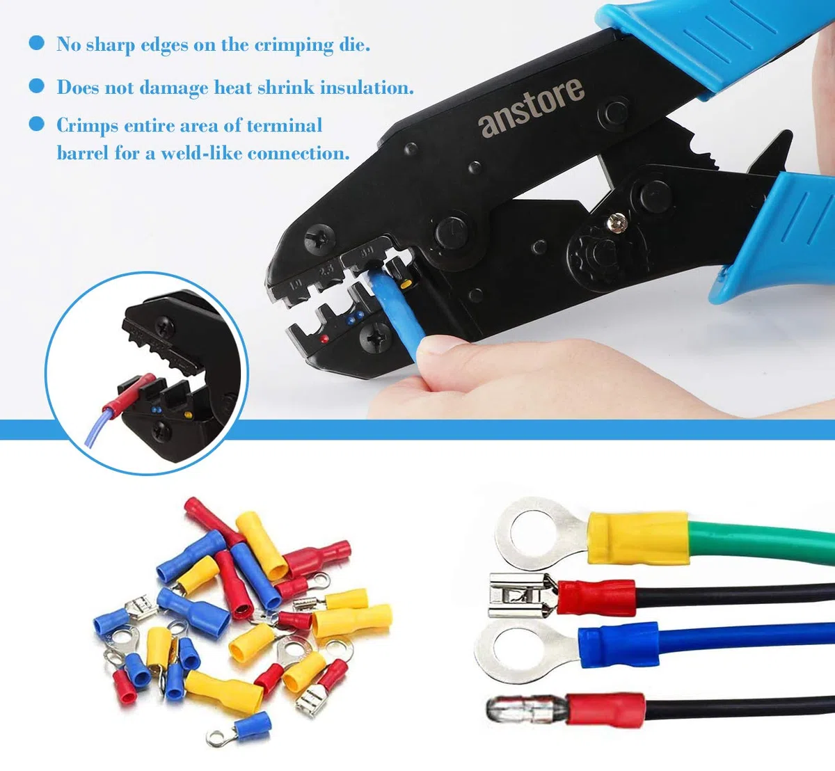 Anstore Pinza crimpatrice per capicorda con funzione a cricchetto, 0,5-1/1,5-2,5/4-6 mm², lunghezza 22,5 cm