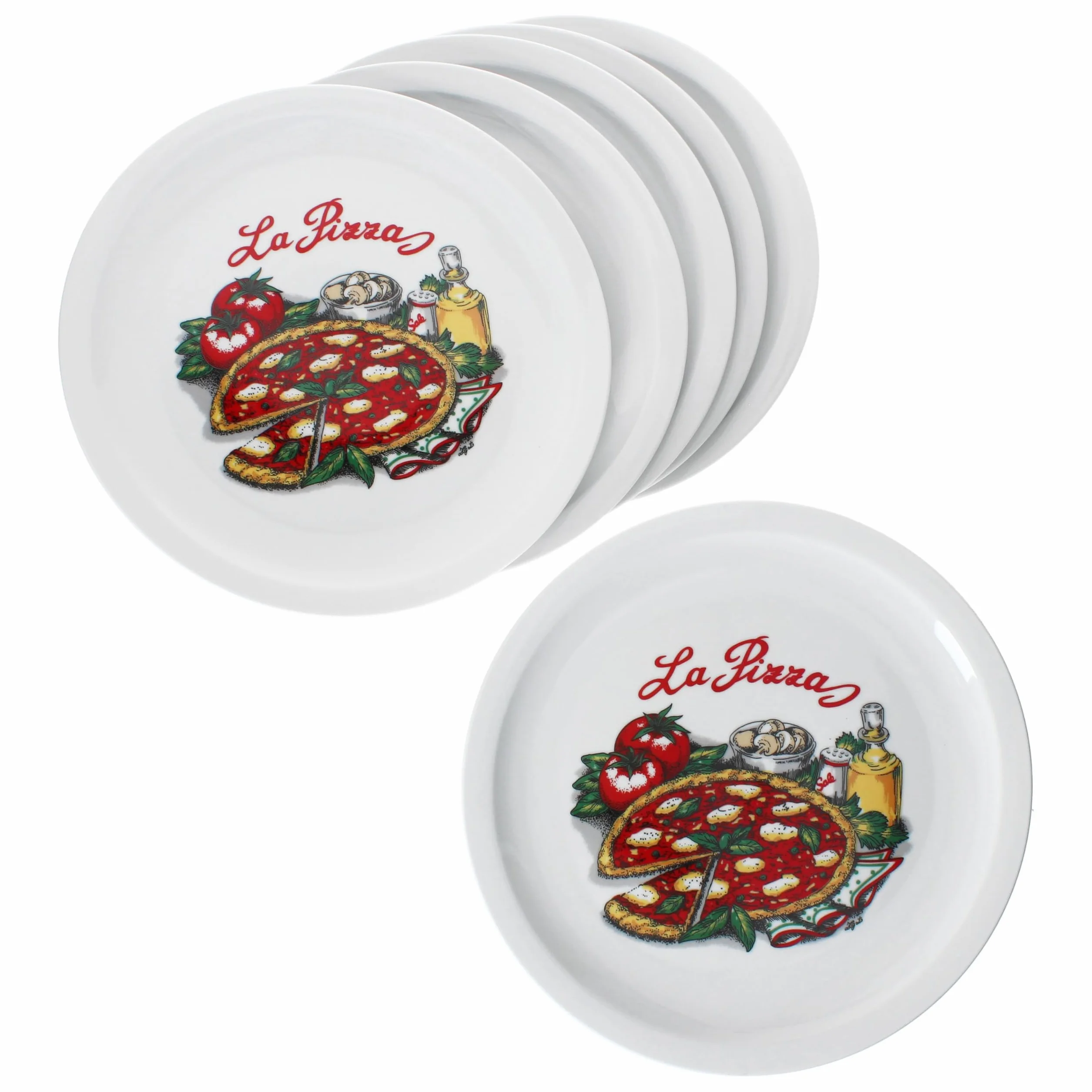 MamboCat - Set di 6 piatti per pizza Ø 30,5 cm, per 6 persone, grandi piatti da pizza in porcellana con decorazione e scritte di pizza, per pizze o per servire, piatto da portata XL