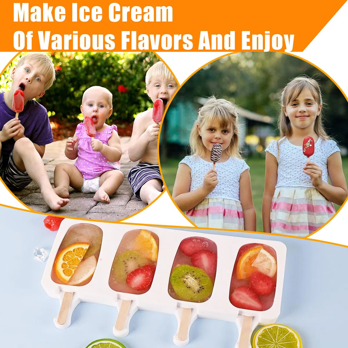 2 Pezzi Stampi Gelato con 100 Bastoncini Legno e Coperchio, 4 Cavità Stampo Ghiaccioli Silicone, Formine per Cioccolato Congelato Fai Te, Stampini Gelati Riutilizzabile per Bambini Adulti