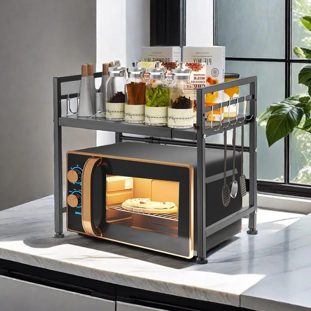 Mensola Microonde Estensibile 40-65 cm, Regolabile Due Livelli Microonde Scaffale, Acciaio Carbonio Ripiano Contatore Cucina Organizzatore Ripiani, 6 Ganci, Carico Pesante 60lbs (Nero)