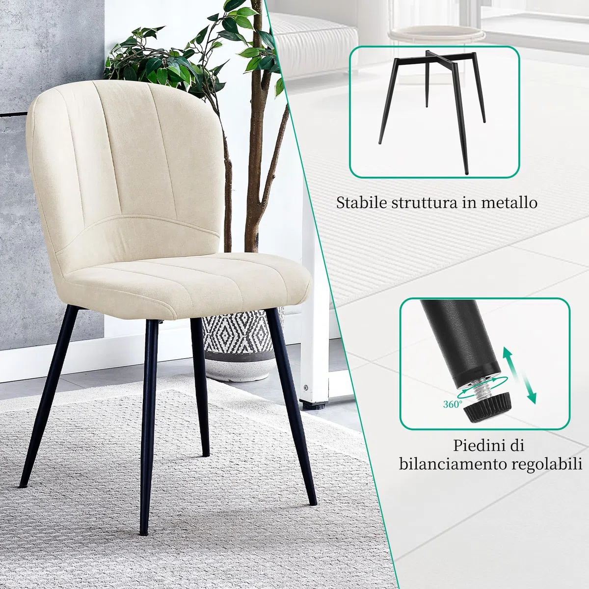 WAFTING Set di 4 Sedie da Pranzo, Sedia a Forma di Conchiglia in Ciniglia e Gambe in Metallo, Comfort Moderno per la Casa e l'Ufficio, Beige
