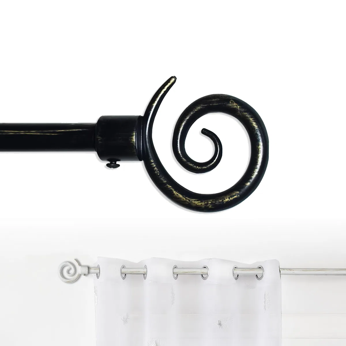 GD LOVES YOUR HOME Bastone Tenda Estensibile 70-120 cm 120-210 cm o 160x310cm Ferro Antichizzato Shabby Chic Asta Anelli Scorritenda MOD.forma a spirale (Nero(versione Danneggiata), 120-210cm)