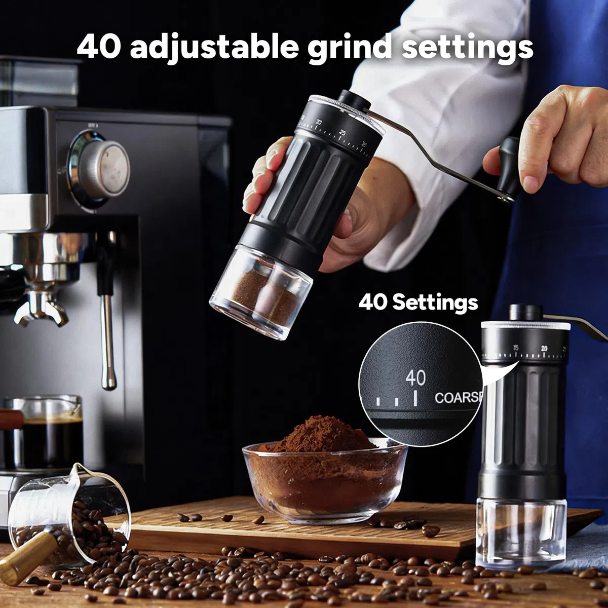 Macinacaffè manuale, macinacaffè manuale portatile con capacità di 30 g, 40 impostazioni regolabili, macina conica con manico ergonomico per espresso, Pour Over e altro ancora