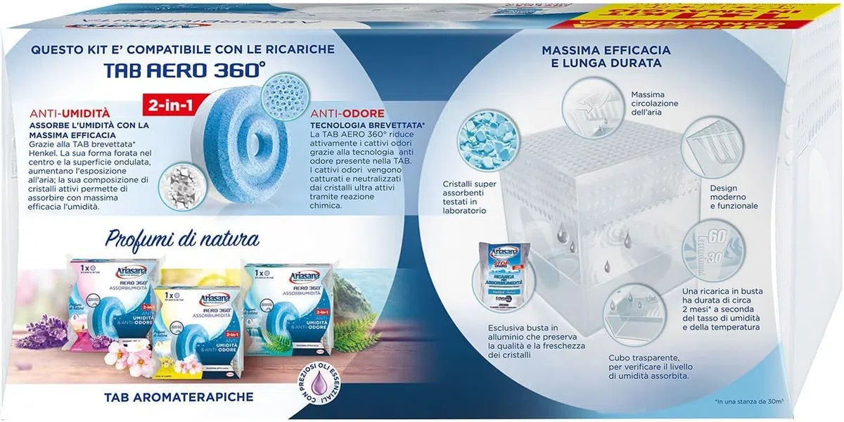 Ariasana Assorbiumidità Kit Mini 1+1 Inodore, Deumidificatore Spazi Ridotti, Ariasana Assorbiumidità per Cucina, Bagno, Ufficio, Mini Deumidificatore Formato Convenienza, 2 Kit + 1 Ricarica Sali 450g