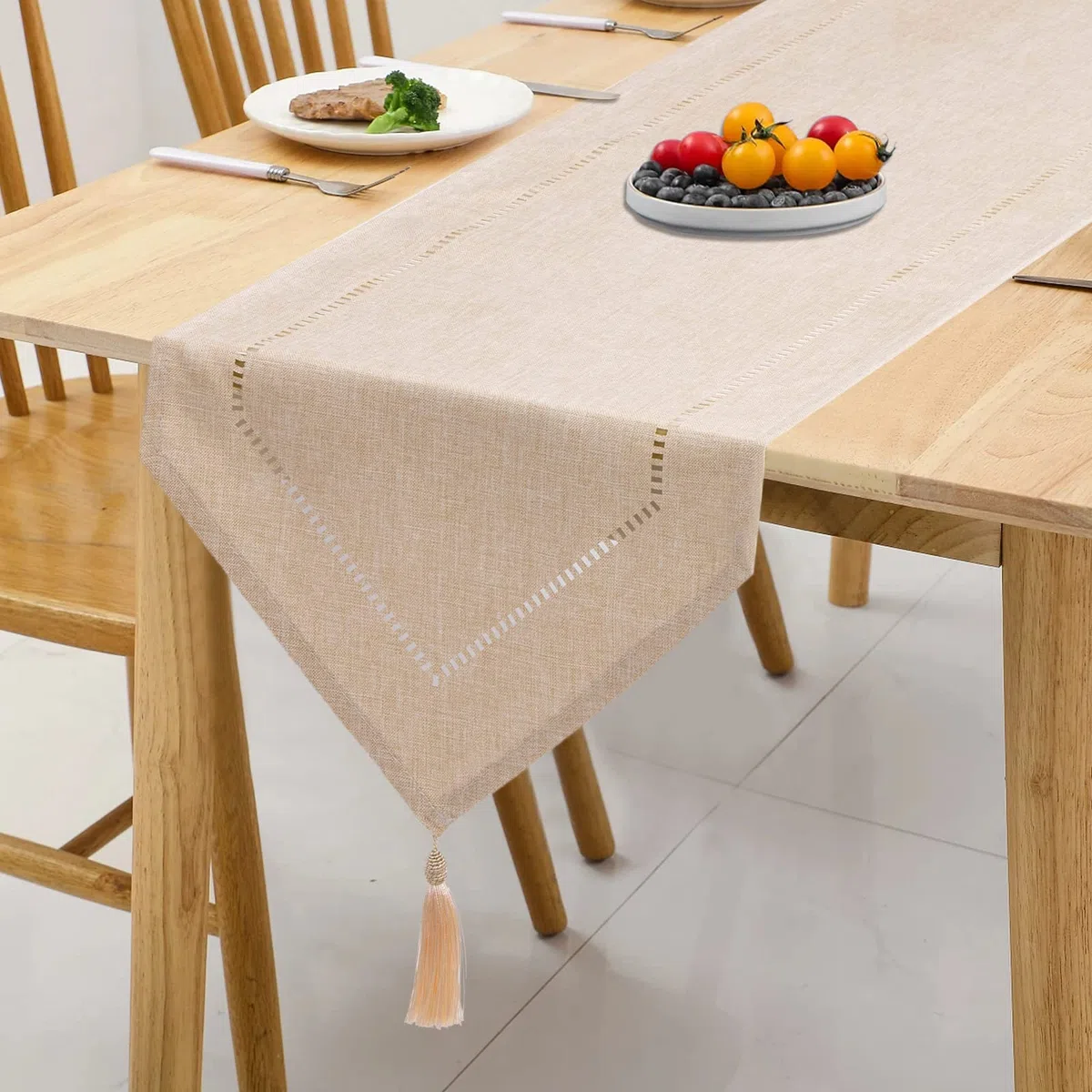 Runner da tavola in lino, bianco, crema, beige, 32 x 220 cm, runner da tavolo, liscio, moderno, facile da pulire, per tavolo da pranzo, tavolino, ristorante, decorazione