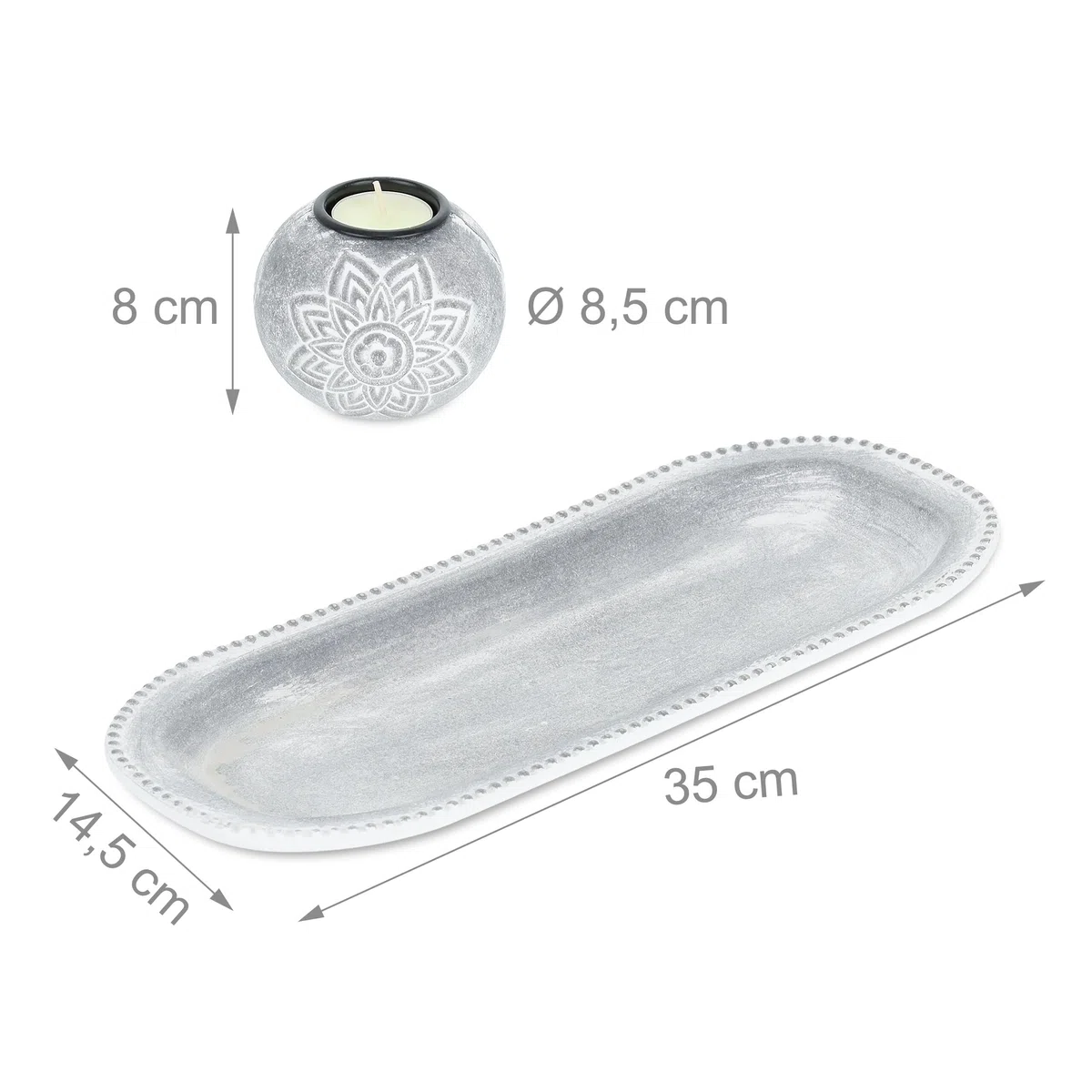Relaxdays Portacandele Decorativo con Vassoio e Pietre, Lungo 35 cm, Decorazione per Tavolino e Soggiorno, Grigio Bianco