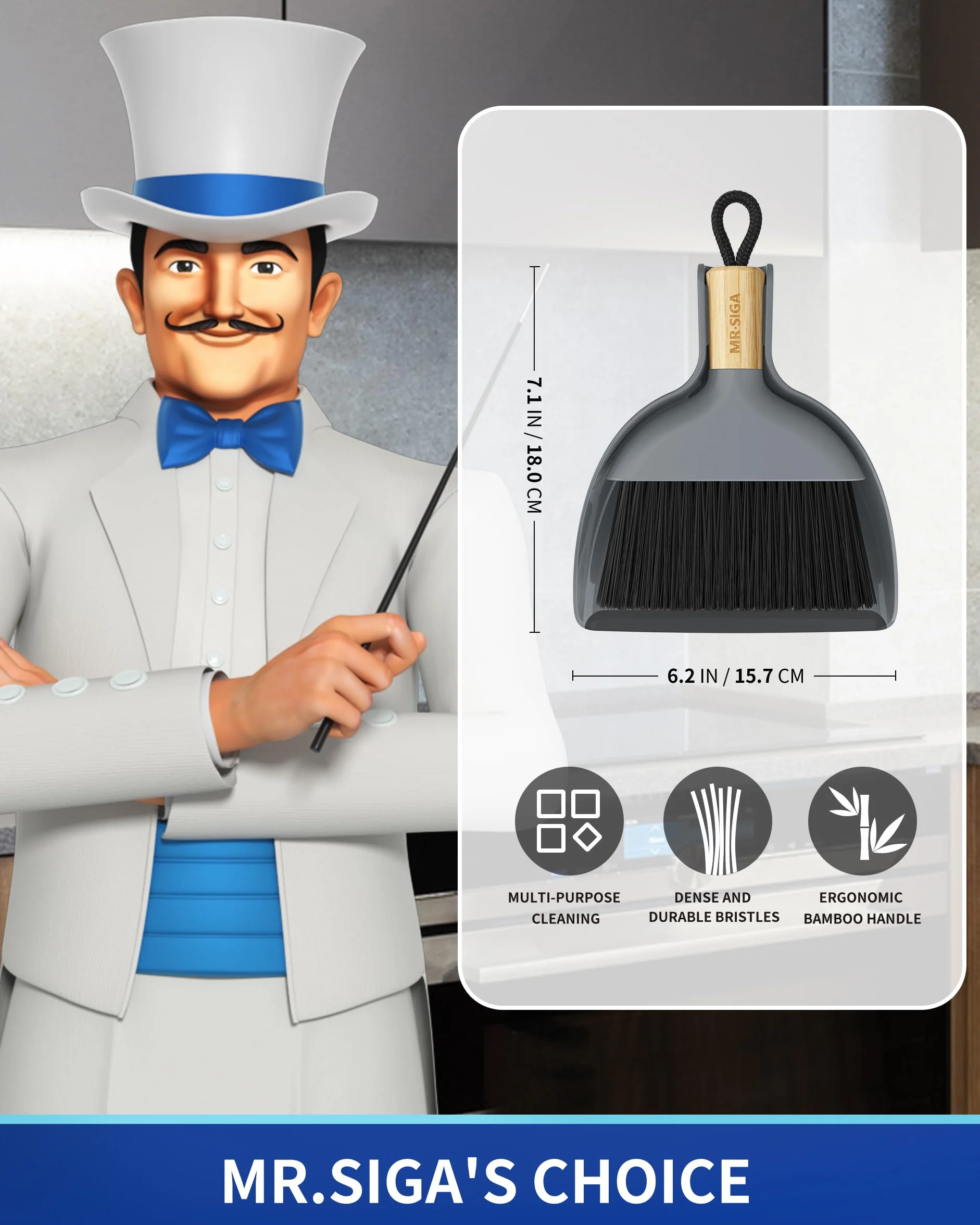 MR.SIGA Mini set paletta e spazzola, spazzola e paletta portatile per la pulizia con manico in bambù, grigio, 1 set