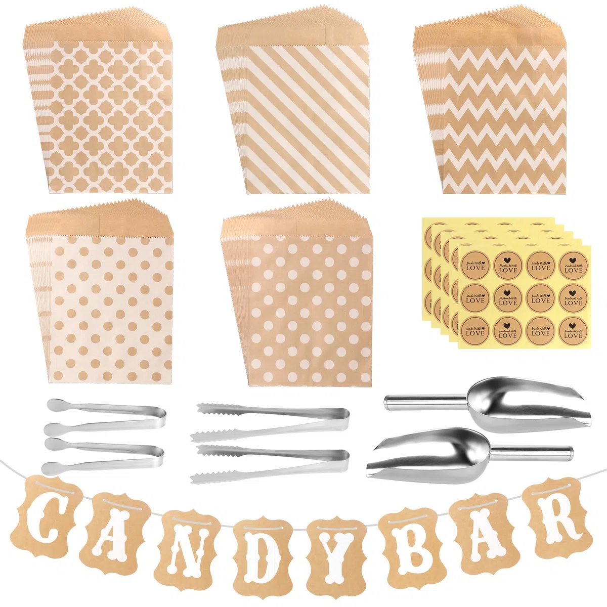 81 accessori Candy Bar, contiene 60 sacchetti per candybar e 4 pinze per zucchero, 2 paletta per ghiaccio e 60 adesivi, set di accessori per matrimoni, compleanni, feste, caramelle, bar, decorazione
