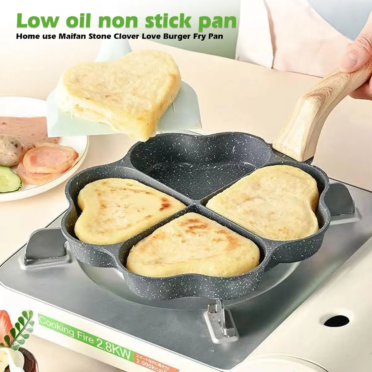 Padella per uova fritte con coperchio, a induzione, antiaderente, per pancake, piccole padelle a 4 fori, a forma di cuore, per colazione, uova fritte, bistecche, hamburger