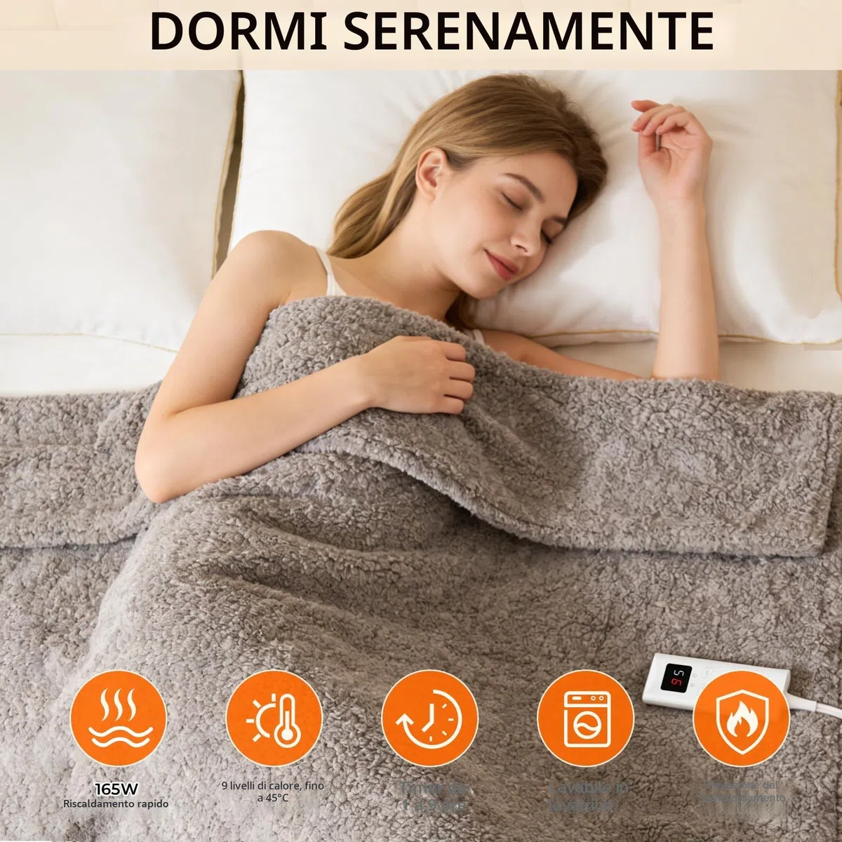 TLGREEN Coperta Elettrica 180x130cm, Morbida Pile Riscaldabile, Spegnimento Automatico, Protezione da Surriscaldamento, 9 livelli di Temperatura, Timer, Lavabile, Termocoperta (Grigio Marrone)