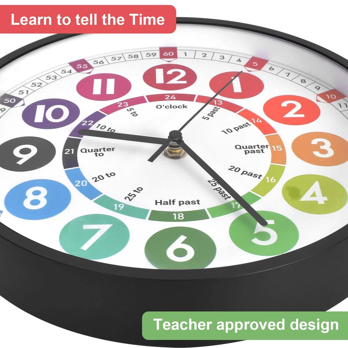 Orologio da parete per bambini di apprendimento silenzioso orologio da parete bambino educativo grandi numeri colorati facile da leggere per scuola classe camera da letto bambini, 10 pollici