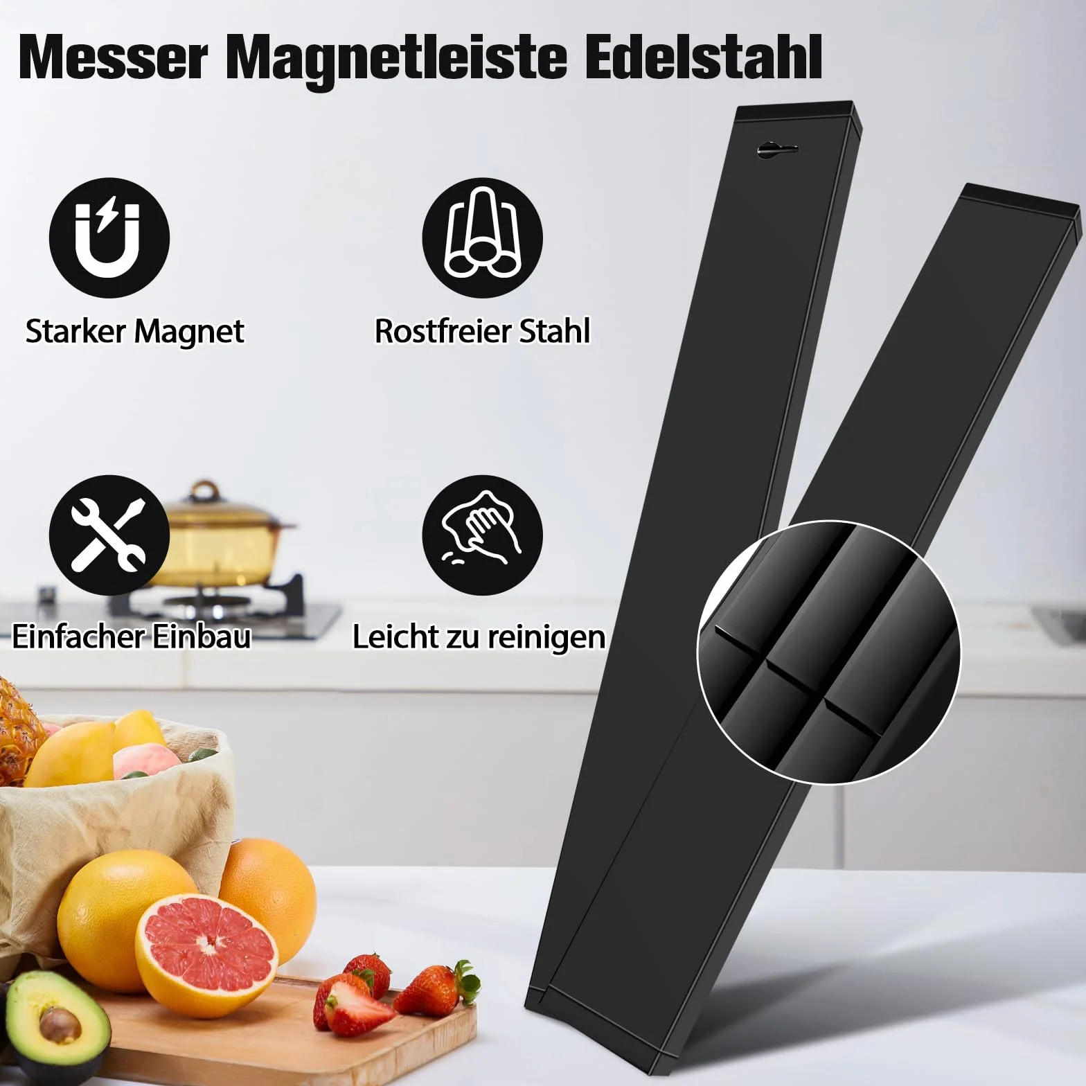 Portacoltelli Magnetico, Barra Magnetica per Coltelli, Porta Coltelli Magnetico in Inox, Porta Coltelli Cucina Senza Forare, Portacoltello Magnetico per Coltelli, Utensili (Nero, 40 cm)