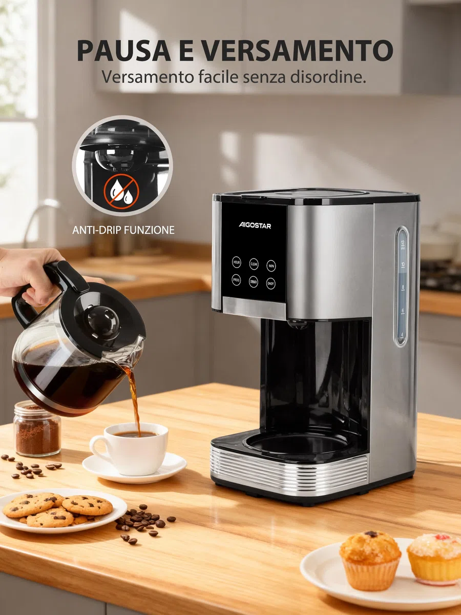 Aigostar - Macchina Caffè Americano, 1000W, Programmabile 24h con Display LCD, Autopulizia, 1.5L (12 Tazze), Regolazione Intensità, Filtro Riutilizzabile, Antigoccia, Piastra Riscaldante, BPA FREE
