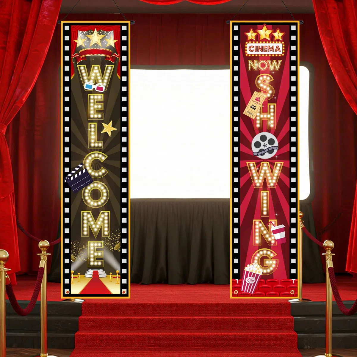 2pz Striscione per Serata Cinema, 120x30cm Cartello da Appendere Benvenuti Ora in Mostra Tema Serate Cinema Decorazioni Feste per Sfondo Feste con Cinepresa Domestica