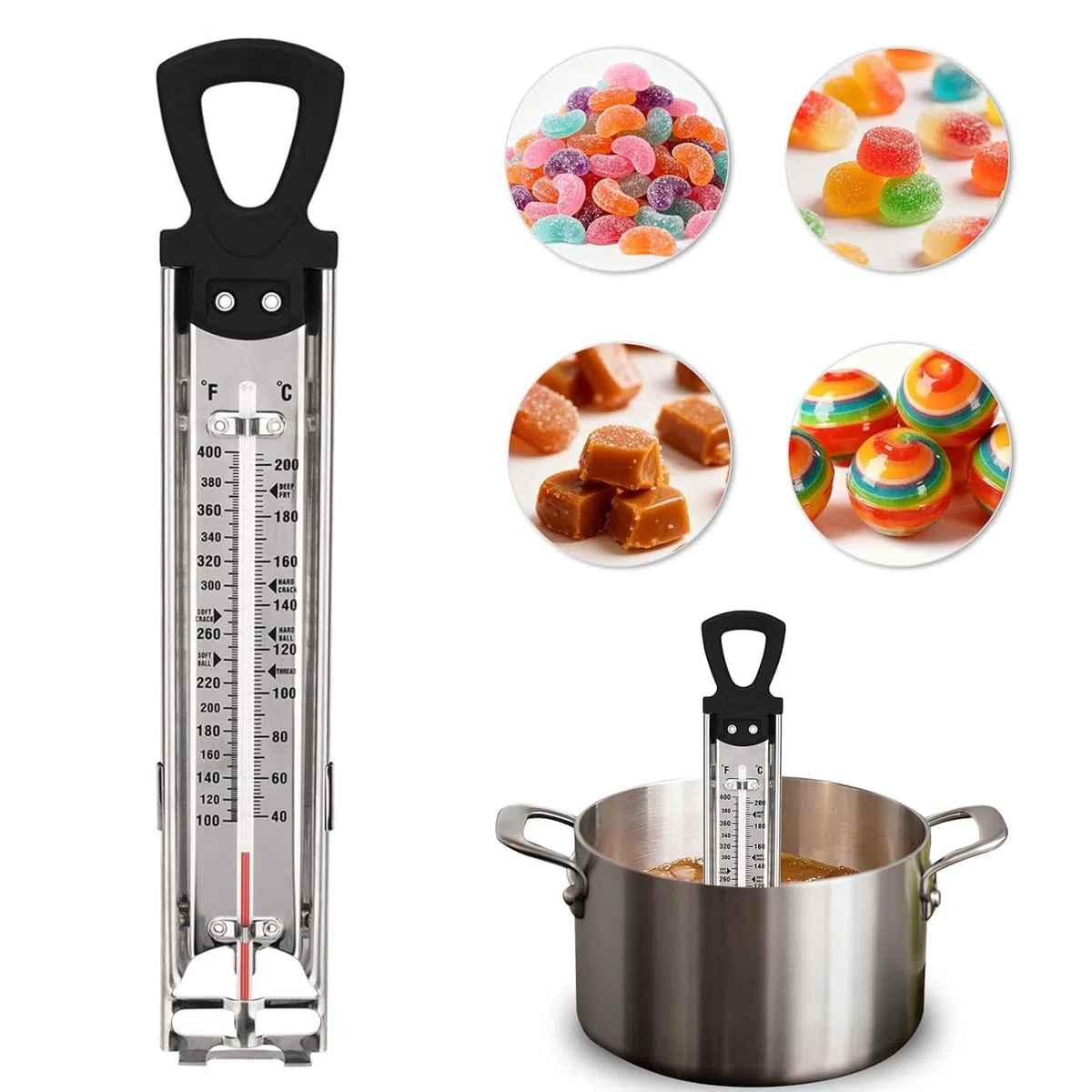 Termometro per caramelle, termometro, marmellata, zucchero, sciroppo, gelatina, con gancio e clip per pentola, in acciaio inox, termometro per alimenti, guida rapida alla temperatura, colore nero