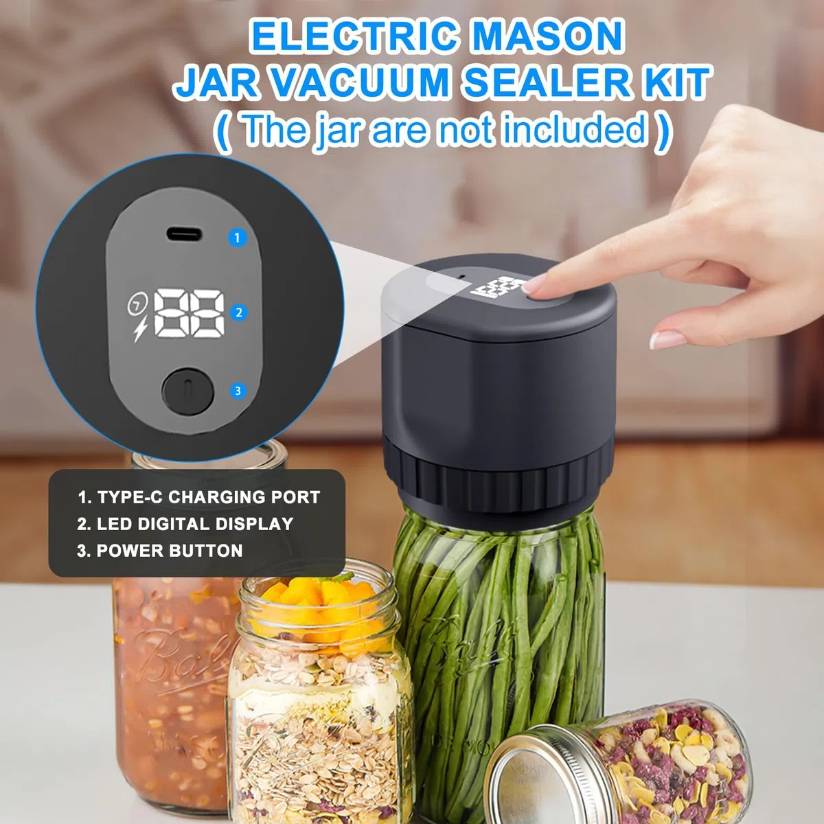 Sigillatrice sottovuoto per barattoli di vetro, Kit sigillatrice sottovuoto elettrica per barattoli di vetro per barattoli di vetro a bocca larga e bocca normale, Macchina per sigillare sottovuoto