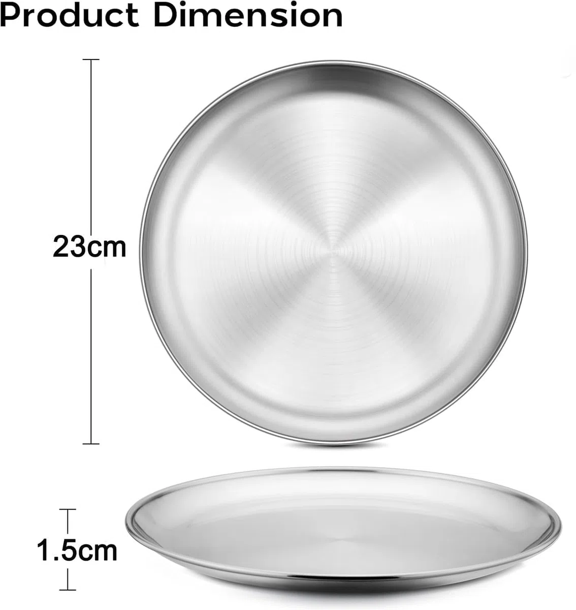 4 piatti piani in acciaio inox, 17 cm, rotondi, leggeri e in acciaio inox, per barbecue, picnic, feste, campeggio, lavabili in lavastoviglie e sani (23 cm)