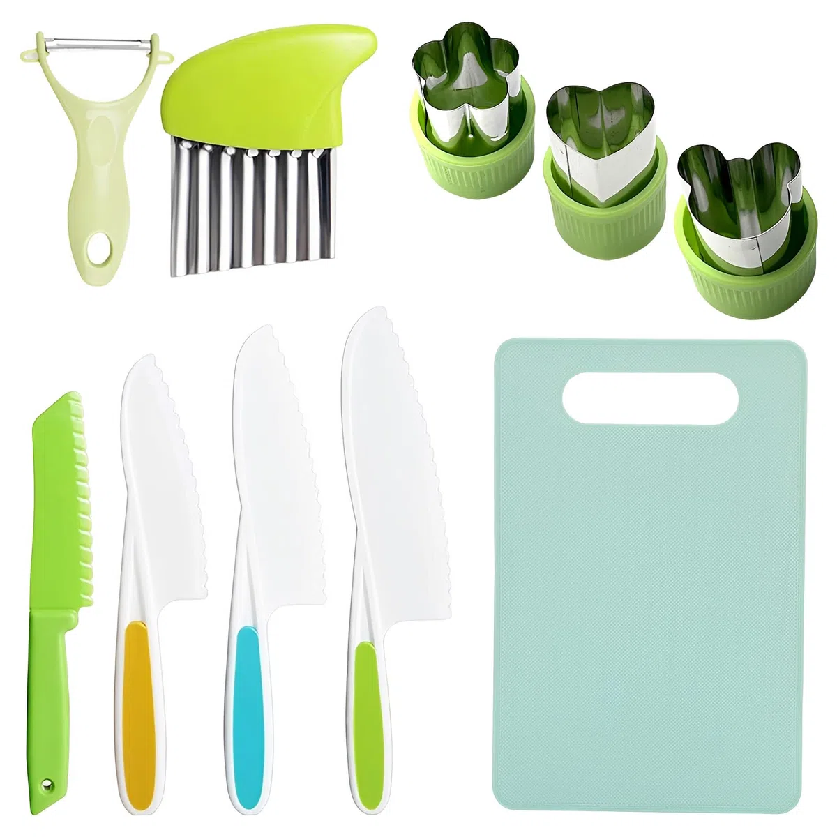 Sicurezza Coltelli per Bambini Antitaglio, 10 Pezzi Utensili Cucina Bambini, Set Utensili da Cucina Pelapatate e Tagliere, per Tagliare e Cuocere Frutta o Verdura per Piccoli