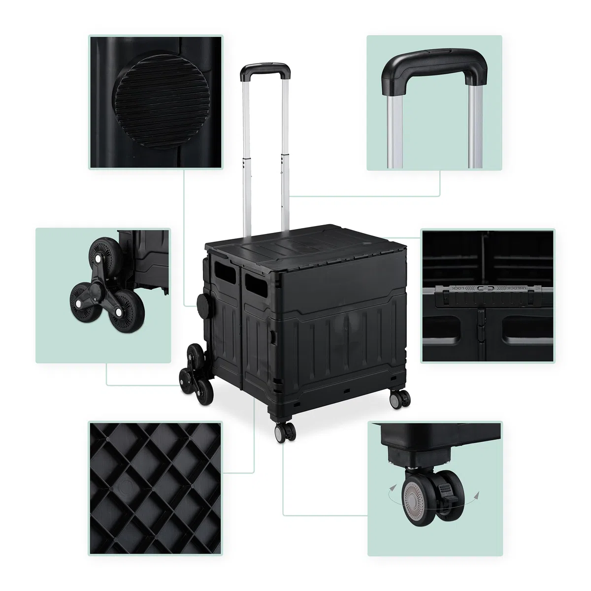 Relaxdays Carrello per Spesa Montascale, 50 kg Carico, Manico e Coperchio, Carrellino Trolley Portaspesa, Nero